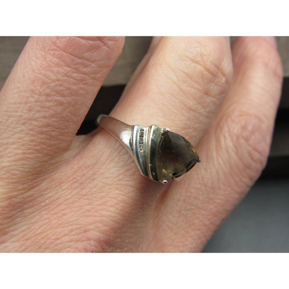 Size 9 Sterling Silver And 14k Gold Accent Smoky Quartz & Diamonds Ring - Picture 3 of 7